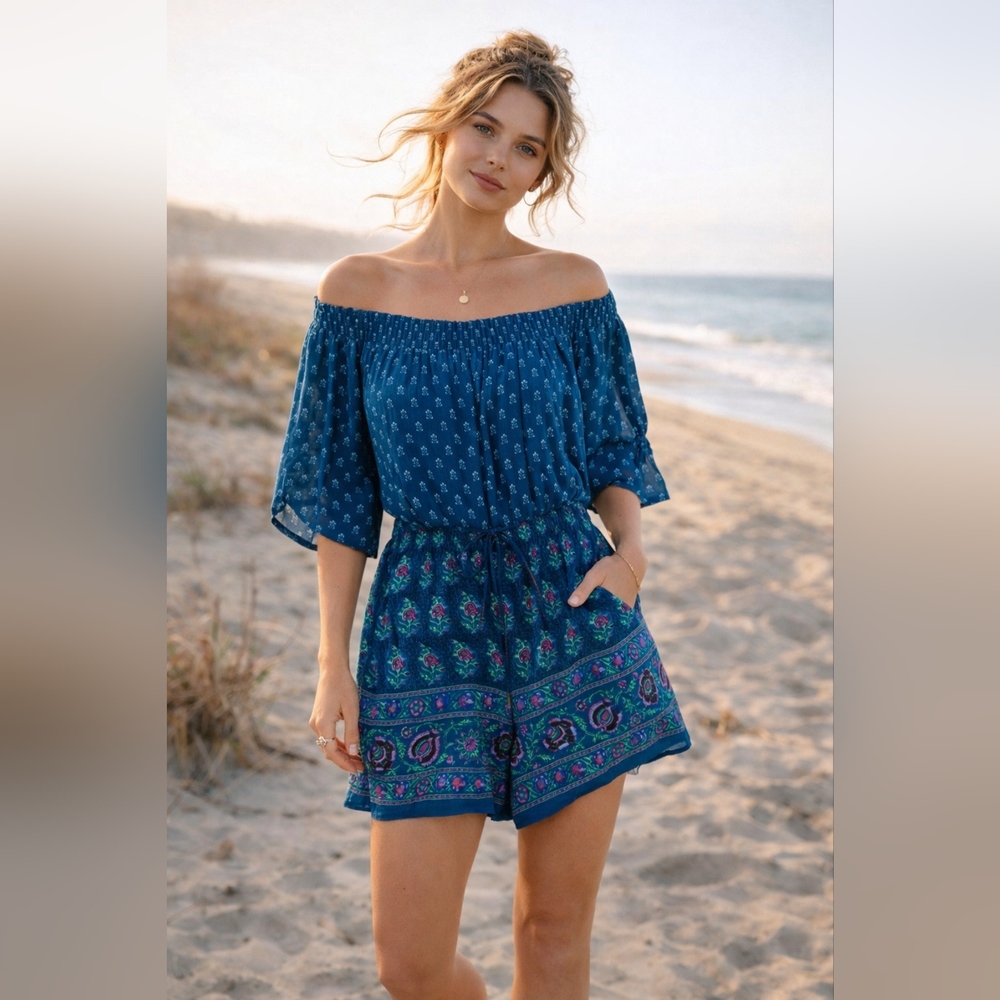 Anthropologie Boho Romper Sz M  Blue Off Shoulder Festival Free Peoople Style